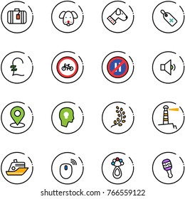 line vector icon set - suitcase vector, dog, medical label, pound, no bike road sign, parking even, low volume, map pin, head bulb, golden branch, lighthouse, cruiser, mouse wireless, beanbag