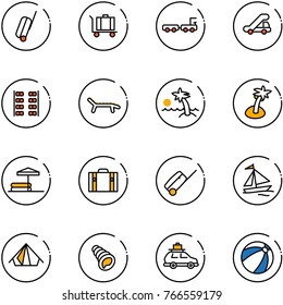 line vector icon set - suitcase vector, baggage, truck, trap, plane seats, lounger, palm, inflatable pool, sail boat, tent, shell, car, beach ball