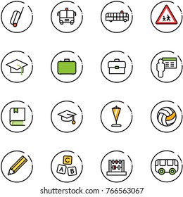 line vector icon set - suitcase vector, airport bus, children road sign, graduate hat, case, portfolio, presentation, book, pennant, volleyball, pencil, abc cube, abacus, toy
