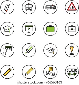 line vector icon set - suitcase vector, airport bus, children road sign, graduate hat, presentation board, case, portfolio, highlight marker, pennant, ruler, pencil, abc cube, toy