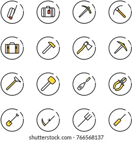 line vector icon set - suitcase vector, job, rock axe, hammer, mason, rubber, chisel, side cutters, shovel, scythe, farm fork, awl