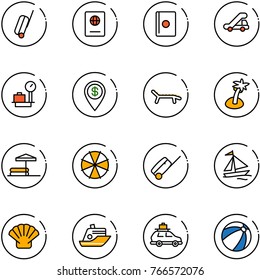 line vector icon set - suitcase vector, passport, trap truck, baggage scales, dollar pin, lounger, palm, inflatable pool, parasol, sail boat, sea shell, cruiser, car, beach ball