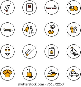 line vector icon set - suitcase vector, passport, baggage truck, coconut cocktail, lounger, flippers, palm, flip flops, swimsuit, sail boat, shell, sand castle, cruiser, car