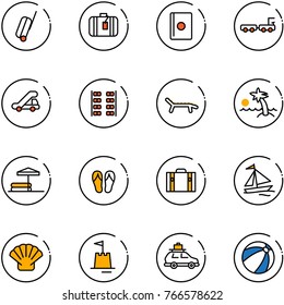 line vector icon set - suitcase vector, passport, baggage truck, trap, plane seats, lounger, palm, inflatable pool, flip flops, sail boat, shell, sand castle, car, beach ball
