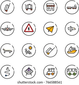 line vector icon set - suitcase vector, baggage, duty free, truck, plane, intersection road sign, paper fly, lounger, beach, cruiser, trip, ufo toy, train, bus