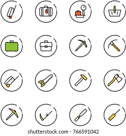 line vector icon set - suitcase vector, baggage scales, basket, case, portfolio, job, rock axe, saw, hammer, scythe, rasp, awl
