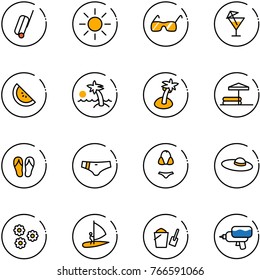 line vector icon set - suitcase vector, sun, sunglasses, drink, watermelone, palm, inflatable pool, flip flops, swimsuit, woman hat, flower, windsurfing, bucket scoop, water gun