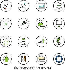 line vector icon set - suitcase vector, run, statistics, money rain, case, torch, user password, network folder, refresh cloud, manager, growth arrow, career, up, agreement, sea hotel, clock