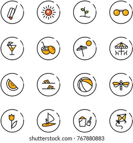 line vector icon set - suitcase vector, sun, sproute, sunglasses, drink, coconut cocktail, beach, outdoor cafe, watermelone, flip flops, ball, dragonfly, tulip, windsurfing, bucket scoop, kite