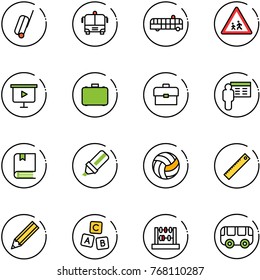 line vector icon set - suitcase vector, airport bus, children road sign, presentation board, case, portfolio, book, highlight marker, volleyball, ruler, pencil, abc cube, abacus, toy
