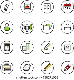 line vector icon set - suitcase vector, baggage room, christmas calendar, user, group, folder, portfolio, calculator, building, highlight marker, contact book, sea hotel, printer wireless, pencil