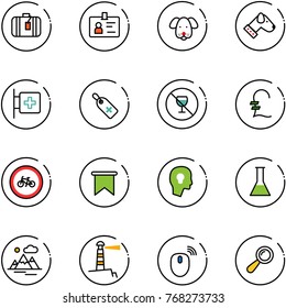 line vector icon set - suitcase vector, identity, dog, first aid room, medical label, no alcohol sign, pound, bike road, flag, head bulb, flask, mountains, lighthouse, mouse wireless, beanbag