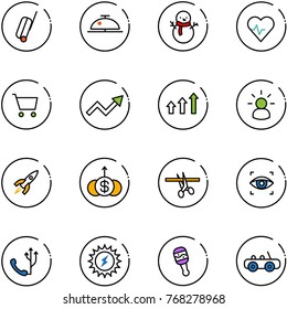line vector icon set - suitcase vector, client bell, snowman, heart pulse, cart, growth arrow, arrows up, idea, rocket, dollar, opening, eye scanner, phone, sun power, beanbag, toy car