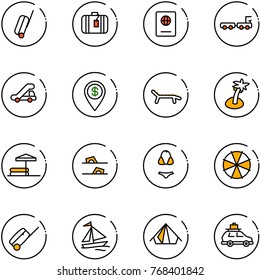 line vector icon set - suitcase vector, passport, baggage truck, trap, dollar pin, lounger, palm, inflatable pool, flip flops, swimsuit, parasol, sail boat, tent, car