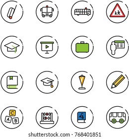 line vector icon set - suitcase vector, airport bus, children road sign, graduate hat, presentation board, case, book, pennant, pencil, abc cube, abacus, toy