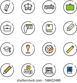 line vector icon set - suitcase vector, airport bus, case, portfolio, presentation, book, highlight marker, graduate hat, pennant, volleyball, ruler, pencil, abc cube, abacus