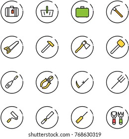 line vector icon set - suitcase vector, basket, case, rock axe, saw, hammer, rubber, chisel, side cutters, scythe, farm fork, paint roller, rasp, awl, shovel toy