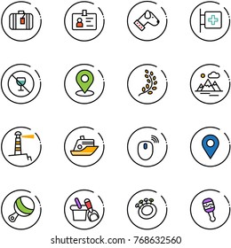 line vector icon set - suitcase vector, identity, dog, first aid room, no alcohol sign, map pin, golden branch, mountains, lighthouse, cruiser, mouse wireless, navigation, beanbag, shovel bucket