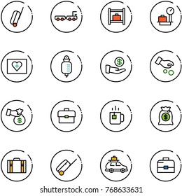 line vector icon set - suitcase vector, baggage truck, room, scales, first aid kit, drop counter, investment, encashment, portfolio, green tea, money bag, car, case