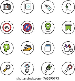 line vector icon set - suitcase vector, first aid room, medical label, pound, no bike road sign, parking even, map pin, flag, head bulb, cruiser, micro flash card, shovel bucket, beanbag