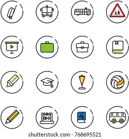 line vector icon set - suitcase vector, airport bus, children road sign, presentation board, case, portfolio, book, highlight marker, graduate hat, pennant, volleyball, pencil, abacus, abc, toy