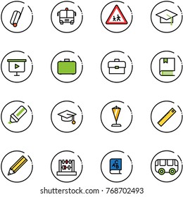 line vector icon set - suitcase vector, airport bus, children road sign, graduate hat, presentation board, case, portfolio, book, highlight marker, pennant, ruler, pencil, abacus, abc, toy