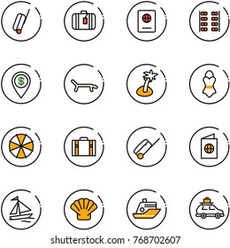line vector icon set - suitcase vector, passport, plane seats, dollar pin, lounger, palm, swimsuit, parasol, sail boat, shell, cruiser, car baggage