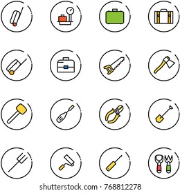 line vector icon set - suitcase vector, baggage scales, case, saw, axe, rubber hammer, chisel, side cutters, shovel, farm fork, paint roller, awl, toy