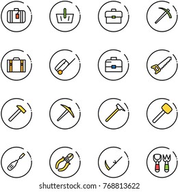 line vector icon set - suitcase vector, basket, portfolio, job, case, saw, hammer, axe, mason, rubber, chisel, side cutters, scythe, shovel fork toy