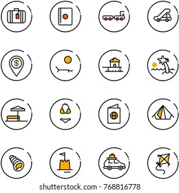 line vector icon set - suitcase vector, passport, baggage truck, trap, dollar pin, lounger, bungalow, palm, inflatable pool, swimsuit, tent, shell, sand castle, car, kite