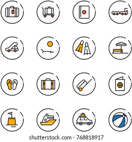 line vector icon set - suitcase vector, baggage, passport, truck, trap, lounger, flippers, inflatable pool, flip flops, sand castle, cruiser, car, beach ball