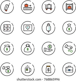 line vector icon set - suitcase vector, baggage, room, first aid kit, drop counter, money bag, investment, encashment, green tea, case