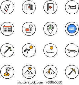 line vector icon set - suitcase vector, passport, hotel, schedule, baggage scales, dollar pin, bus road sign, job, beach, lounger, palm, pyramid, tent, axe