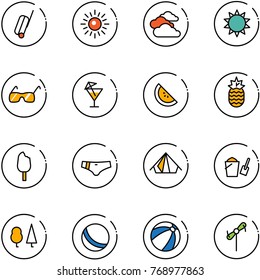 line vector icon set - suitcase vector, sun, clouds, sunglasses, drink, watermelone, pineapple, ice cream, swimsuit, tent, bucket scoop, forest, ball, beach, toy windmill