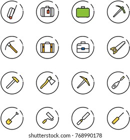 line vector icon set - suitcase vector, case, job, rock axe, saw, hammer, chisel, shovel, paint roller, rasp, awl