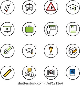 line vector icon set - suitcase vector, airport bus, children road sign, graduate hat, presentation board, case, book, highlight marker, pennant, volleyball, ruler, abc cube, abacus