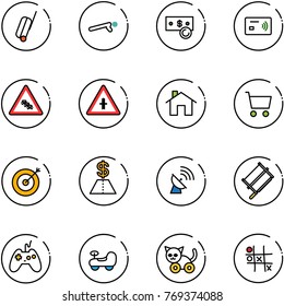 line vector icon set - suitcase vector, push ups, cash, tap pay, multi lane traffic road sign, intersection, home, cart, target, dollar, satellite antenna, bucksaw, joystick, baby car, toy cat