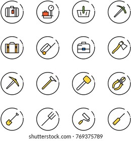 line vector icon set - suitcase vector, baggage scales, basket, job, case, axe, mason hammer, rubber, side cutters, shovel, farm fork, paint roller, awl