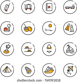 line vector icon set - suitcase vector, baggage, passport, truck, scales, coconut cocktail, lounger, flippers, palm, flip flops, swimsuit, sail boat, tent, shell, cruiser, kite