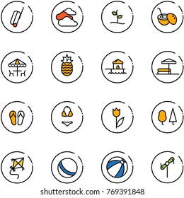 line vector icon set - suitcase vector, clouds, sproute, coconut cocktail, outdoor cafe, pineapple, bungalow, inflatable pool, flip flops, swimsuit, tulip, forest, kite, ball, beach, toy windmill