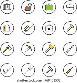line vector icon set - suitcase vector, baggage scales, case, portfolio, hammer, axe, rubber, chisel, scythe, farm fork, paint roller, awl