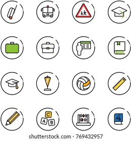 line vector icon set - suitcase vector, airport bus, children road sign, graduate hat, case, portfolio, presentation, book, pennant, volleyball, ruler, pencil, abc cube, abacus