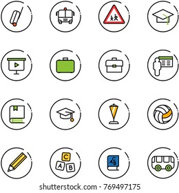 line vector icon set - suitcase vector, airport bus, children road sign, graduate hat, presentation board, case, portfolio, book, pennant, volleyball, pencil, abc cube, toy