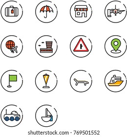 line vector icon set - suitcase vector, duty free, boarding passengers, plane globe, airport building, intersection road sign, map pin, flag, pennant, lounger, cruiser, moon rover