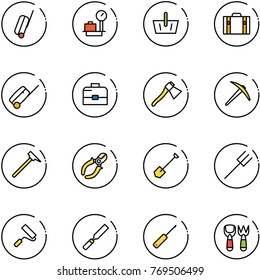 line vector icon set - suitcase vector, baggage scales, basket, case, axe, mason hammer, side cutters, shovel, farm fork, paint roller, rasp, awl, toy