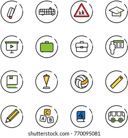 line vector icon set - suitcase vector, airport bus, children road sign, graduate hat, presentation board, case, portfolio, book, pennant, volleyball, ruler, pencil, abc cube, toy