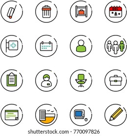 line vector icon set - suitcase vector, trash bin, baggage room, christmas calendar, first aid, schedule, user, group, clipboard, manager, office chair, portfolio, hotel, monoblock pc, pencil