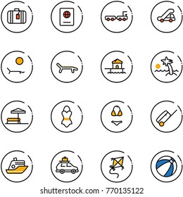 line vector icon set - suitcase vector, passport, baggage truck, trap, lounger, bungalow, palm, inflatable pool, swimsuit, cruiser, car, kite, beach ball