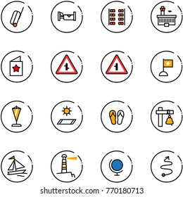 line vector icon set - suitcase vector, hotel, plane seats, airport building, star postcard, intersection road sign, flag, pennant, mat, flip flops, ship bell, sail boat, lighthouse, globe, trip