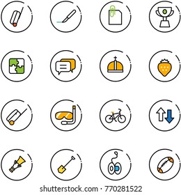 line vector icon set - suitcase vector, scalpel, attachment, cup, puzzle, dialog, crown, strawberry, diving, bike, up down arrows, dowel, shovel, yoyo, football